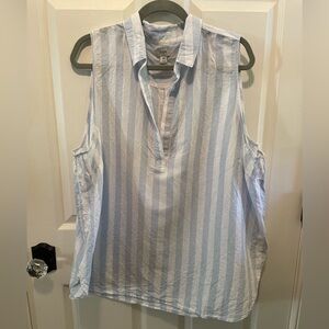 J Crew 3X Linen/Cotton blue and white striped popover collared blouse
